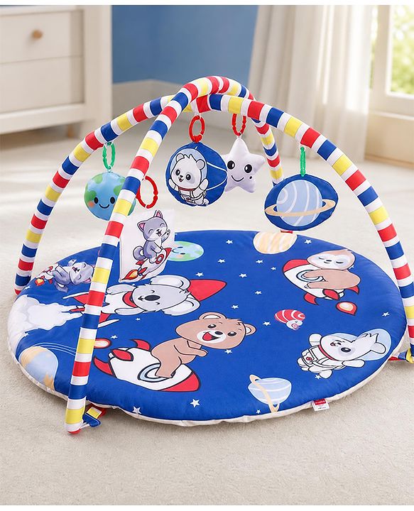 Babyhug Animal in Space Theme Play Gym with Hanging Toys Soft Activity Play Mat for Babies Detachable Rattling Toys Portable & Foldable| Motor Skill Development Ideal for Gifting BIS Certified - Blue