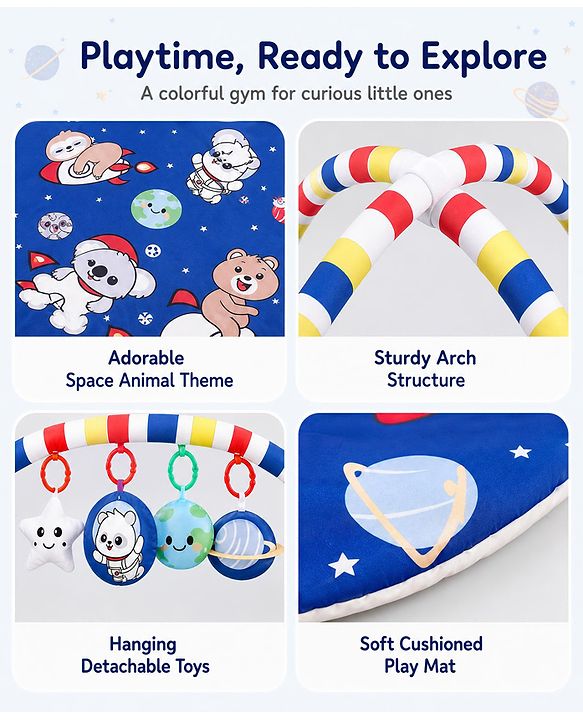 Babyhug Animal in Space Theme Play Gym with Hanging Toys Soft Activity Play Mat for Babies Detachable Rattling Toys Portable & Foldable| Motor Skill Development Ideal for Gifting BIS Certified - Blue