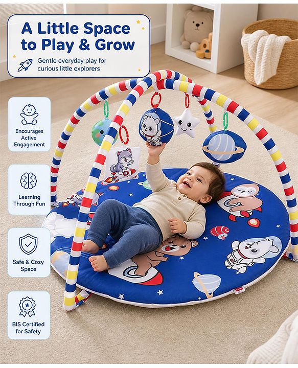 Babyhug Animal in Space Theme Play Gym with Hanging Toys Soft Activity Play Mat for Babies Detachable Rattling Toys Portable & Foldable| Motor Skill Development Ideal for Gifting BIS Certified - Blue
