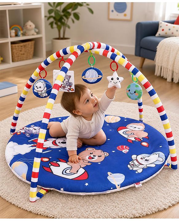 Babyhug Animal in Space Theme Play Gym with Hanging Toys Soft Activity Play Mat for Babies Detachable Rattling Toys Portable & Foldable| Motor Skill Development Ideal for Gifting BIS Certified - Blue