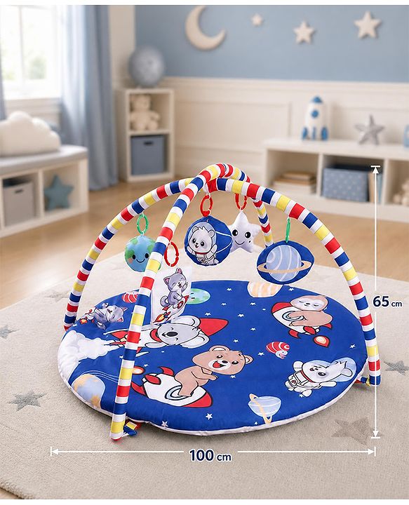 Babyhug Animal in Space Theme Play Gym with Hanging Toys Soft Activity Play Mat for Babies Detachable Rattling Toys Portable & Foldable| Motor Skill Development Ideal for Gifting BIS Certified - Blue