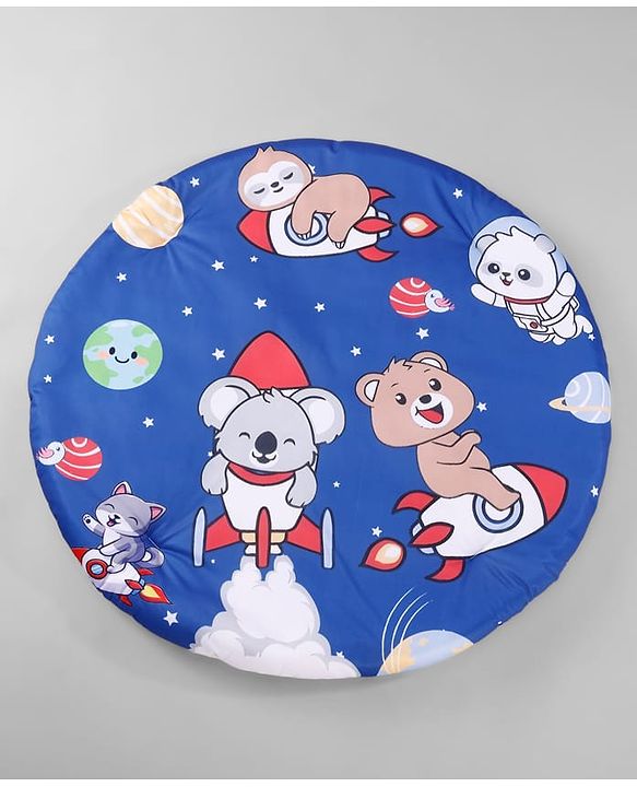 Babyhug Animal in Space Theme Play Gym with Hanging Toys Soft Activity Play Mat for Babies Detachable Rattling Toys Portable & Foldable| Motor Skill Development Ideal for Gifting BIS Certified - Blue