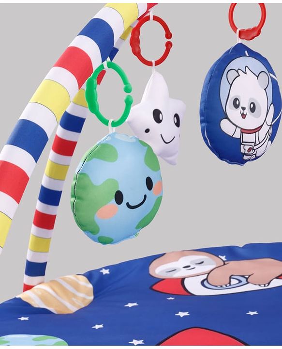 Babyhug Animal in Space Theme Play Gym with Hanging Toys Soft Activity Play Mat for Babies Detachable Rattling Toys Portable & Foldable| Motor Skill Development Ideal for Gifting BIS Certified - Blue