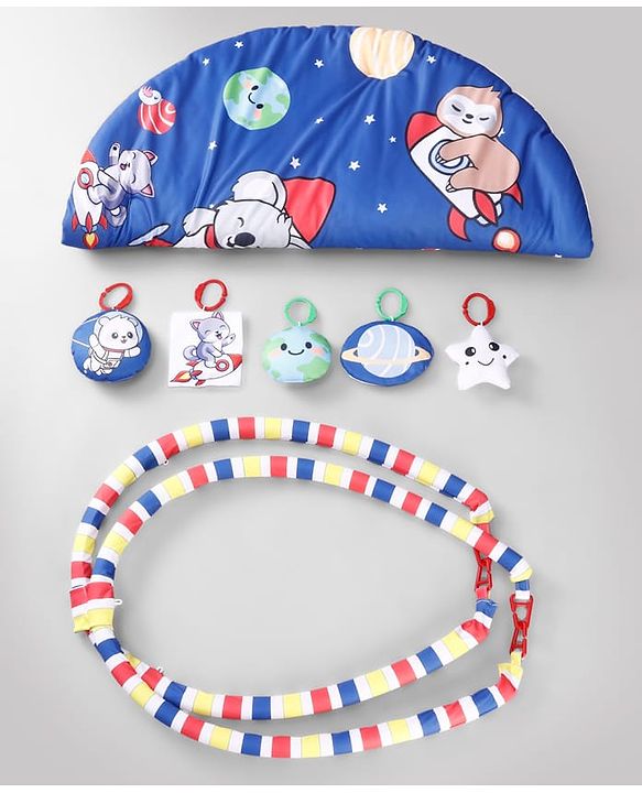 Babyhug Animal in Space Theme Play Gym with Hanging Toys Soft Activity Play Mat for Babies Detachable Rattling Toys Portable & Foldable| Motor Skill Development Ideal for Gifting BIS Certified - Blue
