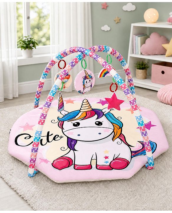Babyhug Animal in Space Theme Play Gym with Hanging Toys Soft Activity Play Mat for Babies Detachable Rattling Toys Portable & Foldable| Motor Skill Development Ideal for Gifting BIS Certified - Blue