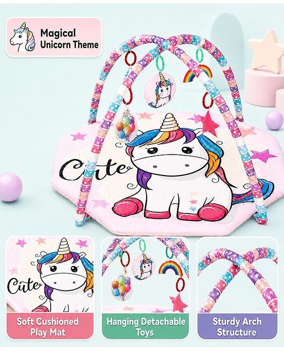 Babyhug Animal in Space Theme Play Gym with Hanging Toys Soft Activity Play Mat for Babies Detachable Rattling Toys Portable & Foldable| Motor Skill Development Ideal for Gifting BIS Certified - Blue