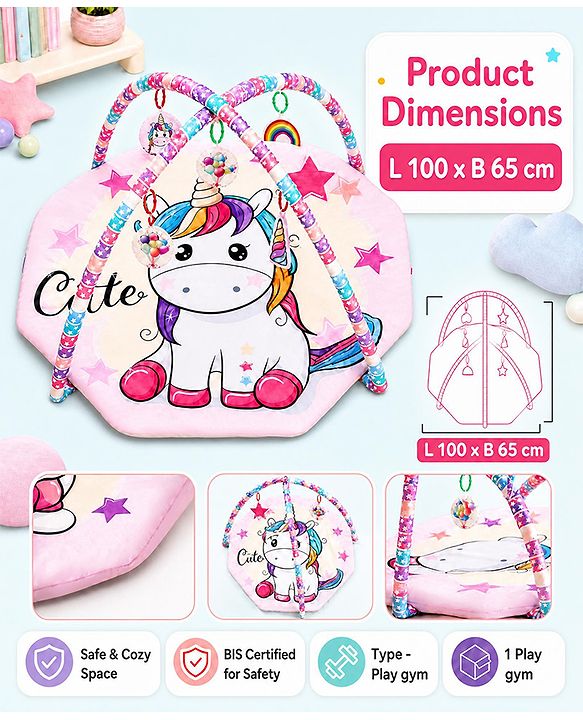 Babyhug Animal in Space Theme Play Gym with Hanging Toys Soft Activity Play Mat for Babies Detachable Rattling Toys Portable & Foldable| Motor Skill Development Ideal for Gifting BIS Certified - Blue