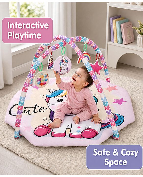 Babyhug Animal in Space Theme Play Gym with Hanging Toys Soft Activity Play Mat for Babies Detachable Rattling Toys Portable & Foldable| Motor Skill Development Ideal for Gifting BIS Certified - Blue