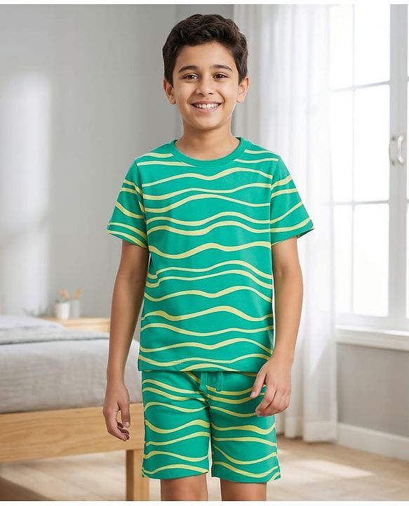 Pine Kids Cotton Knit Half Sleeves Printed T-Shirt & Shorts Co-ord Night Suit - Green