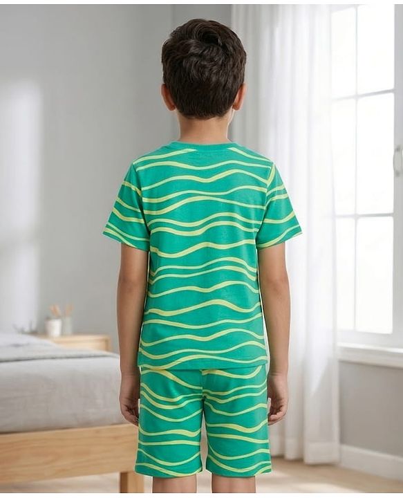 Pine Kids Cotton Knit Half Sleeves Printed T-Shirt & Shorts Co-ord Night Suit - Green