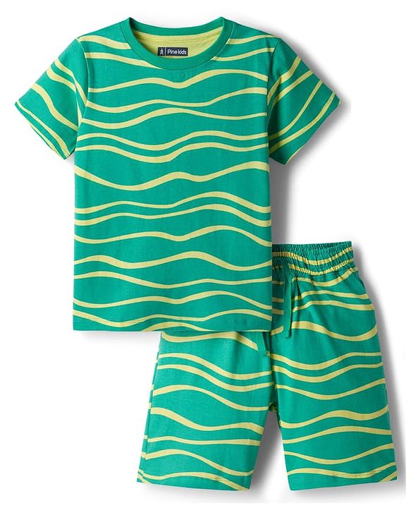 Pine Kids Cotton Knit Half Sleeves Printed T-Shirt & Shorts Co-ord Night Suit - Green