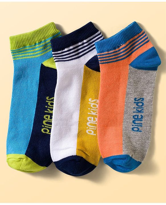 Pine Kids Cotton Knit Ankle Length Socks With Stripes & Text Design Pack Of 3 ( Colour May Vary )