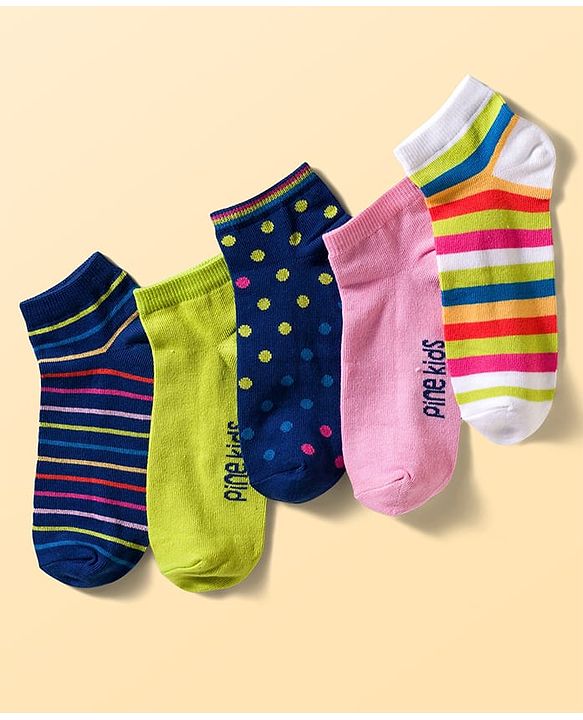 Pine Kids Cotton Knit Ankle Length Socks With Stripes & Polka Dots Print Pack of 5 ( Colour May Vary )