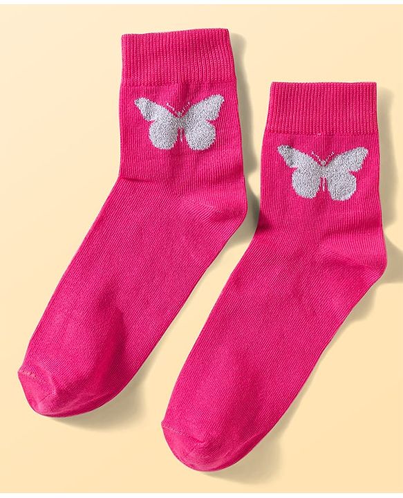 Pine Kids Cotton Knit Ankle Length Floral Butterfly & Hearts Printed Socks Pack Of 3 ( Colour May Vary )