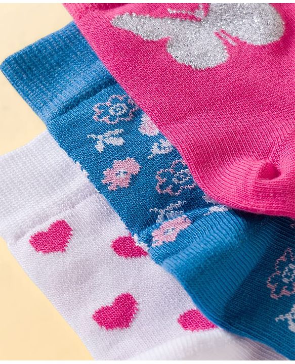 Pine Kids Cotton Knit Ankle Length Floral Butterfly & Hearts Printed Socks Pack Of 3 ( Colour May Vary )