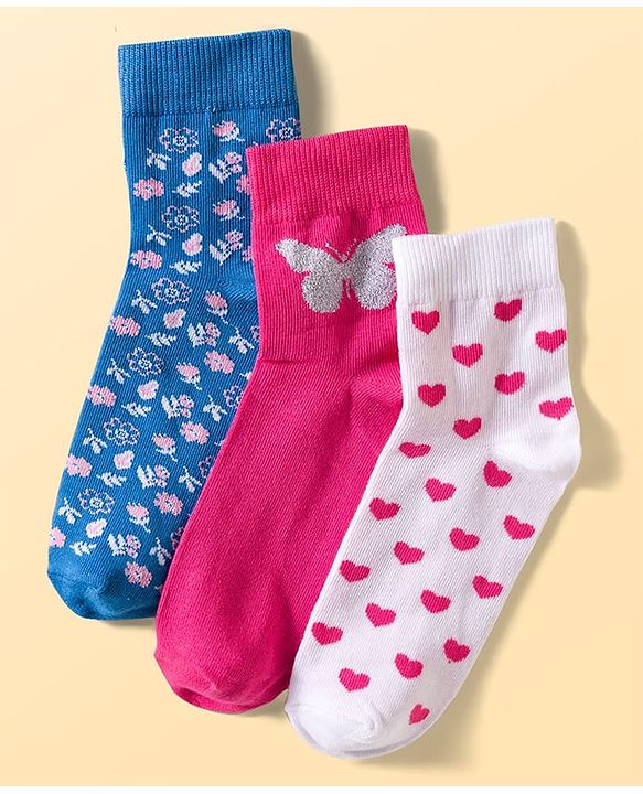 Pine Kids Cotton Knit Ankle Length Floral Butterfly & Hearts Printed Socks Pack Of 3 ( Colour May Vary )