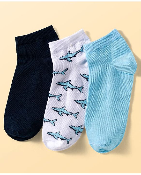 Pine Kids Cotton Knit Ankle Length Sea Life Printed & Solid Socks Pack Of 3 ( Colour May Vary )