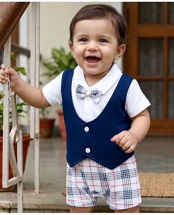 Babyhug 100% Cotton Knit Half Sleeves Checkered Romper with Bow Applique - Navy Blue