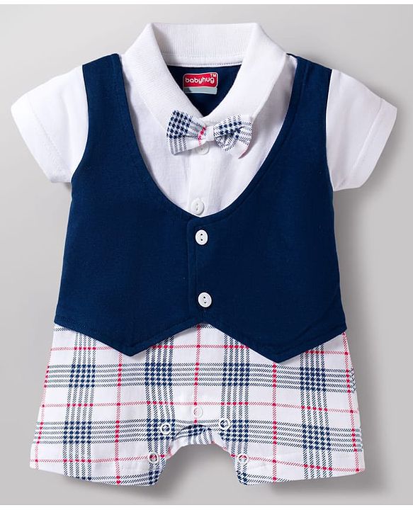Babyhug 100% Cotton Knit Half Sleeves Checkered Romper with Bow Applique - Navy Blue