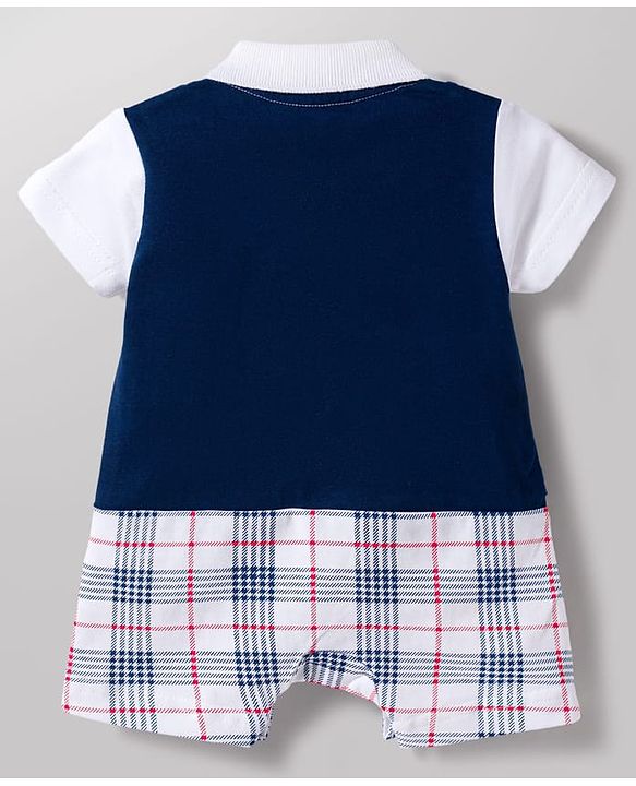Babyhug 100% Cotton Knit Half Sleeves Checkered Romper with Bow Applique - Navy Blue
