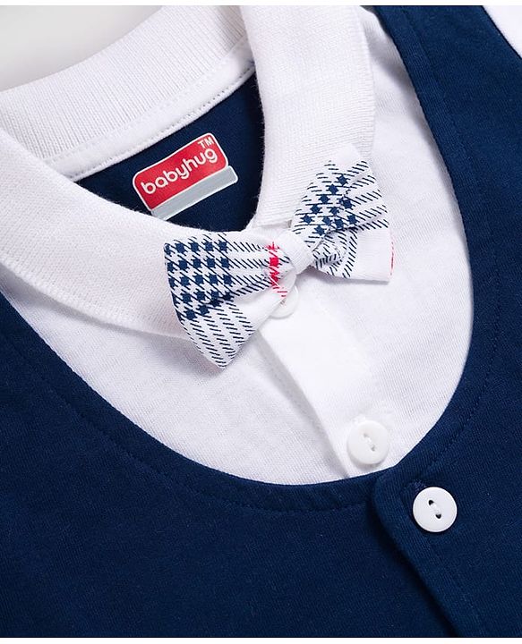 Babyhug 100% Cotton Knit Half Sleeves Checkered Romper with Bow Applique - Navy Blue