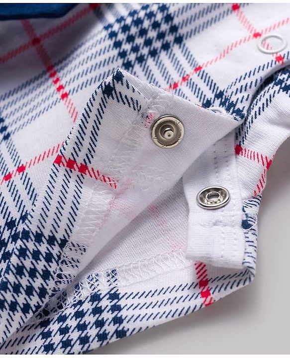 Babyhug 100% Cotton Knit Half Sleeves Checkered Romper with Bow Applique - Navy Blue