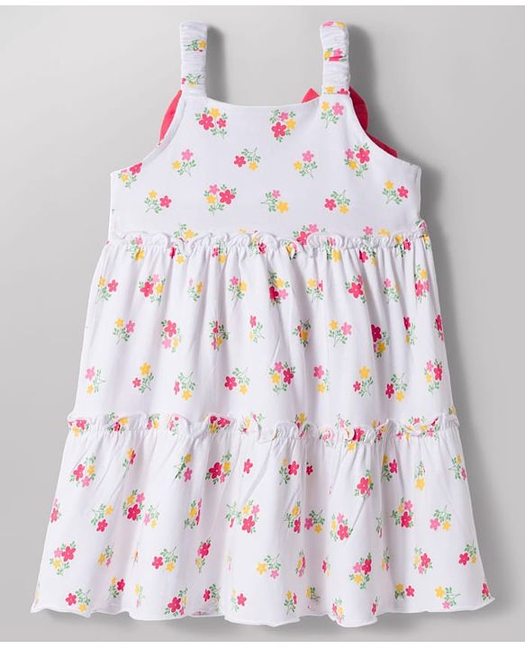 Babyhug 100% Cotton Knit Sleeveless Floral Printed Frock With Bow Applique - White
