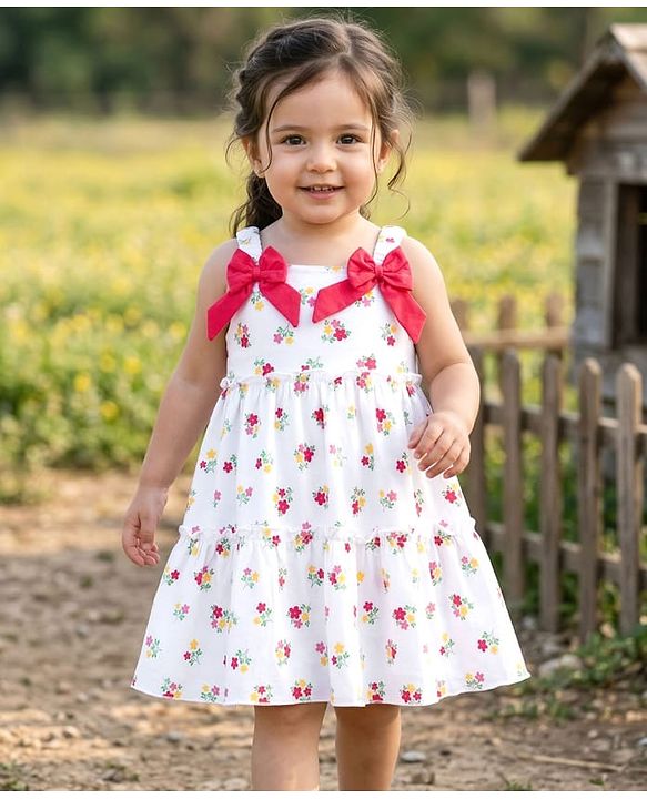 Babyhug 100% Cotton Knit Sleeveless Floral Printed Frock With Bow Applique - White