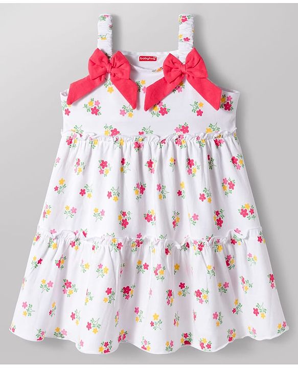Babyhug 100% Cotton Knit Sleeveless Floral Printed Frock With Bow Applique - White