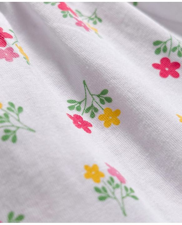 Babyhug 100% Cotton Knit Sleeveless Floral Printed Frock With Bow Applique - White