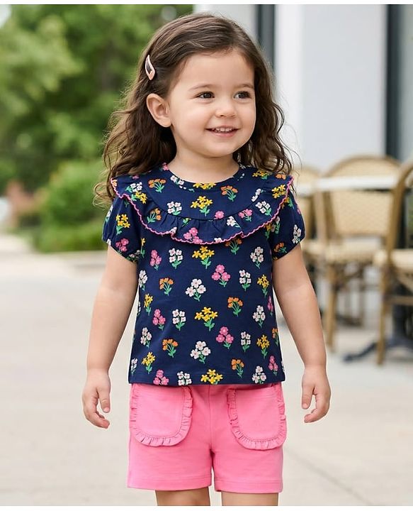 Babyhug Cotton Knit Half Sleeves Floral Printed Top & Shorts Set - Navy Blue & Pink