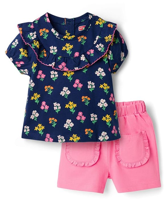 Babyhug Cotton Knit Half Sleeves Floral Printed Top & Shorts Set - Navy Blue & Pink