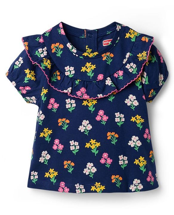 Babyhug Cotton Knit Half Sleeves Floral Printed Top & Shorts Set - Navy Blue & Pink