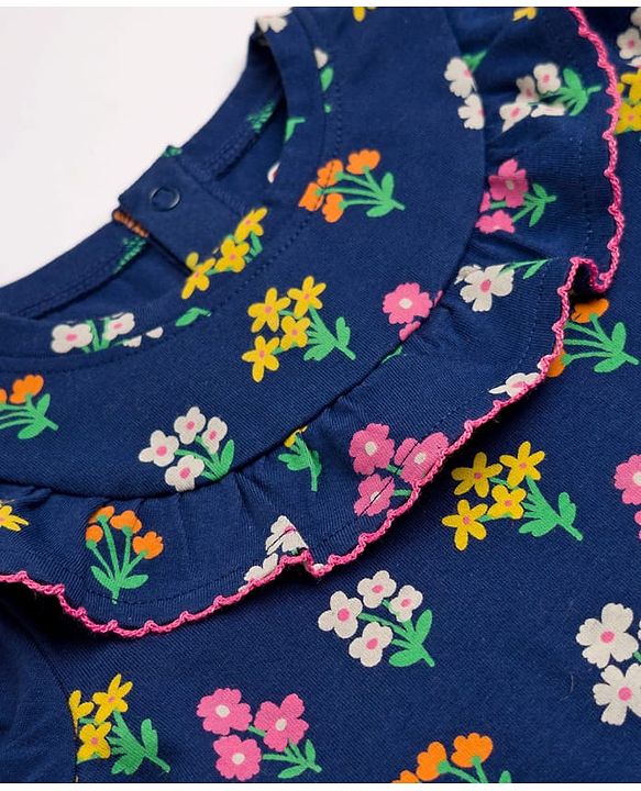 Babyhug Cotton Knit Half Sleeves Floral Printed Top & Shorts Set - Navy Blue & Pink