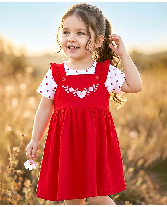 Babyhug Single Jersey Knit Half Sleeves Floral Embroidered Frock with Heart Printed Inner Tee - Red  & White