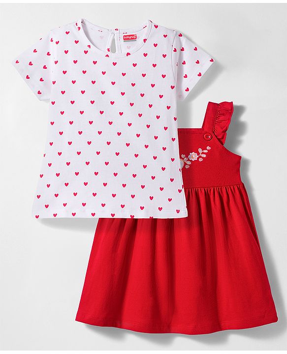Babyhug Single Jersey Knit Half Sleeves Floral Embroidered Frock with Heart Printed Inner Tee - Red  & White