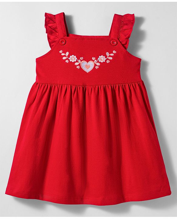 Babyhug Single Jersey Knit Half Sleeves Floral Embroidered Frock with Heart Printed Inner Tee - Red  & White