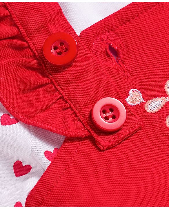 Babyhug Single Jersey Knit Half Sleeves Floral Embroidered Frock with Heart Printed Inner Tee - Red  & White