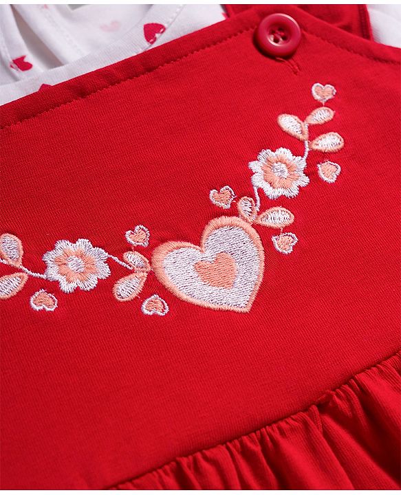 Babyhug Single Jersey Knit Half Sleeves Floral Embroidered Frock with Heart Printed Inner Tee - Red  & White