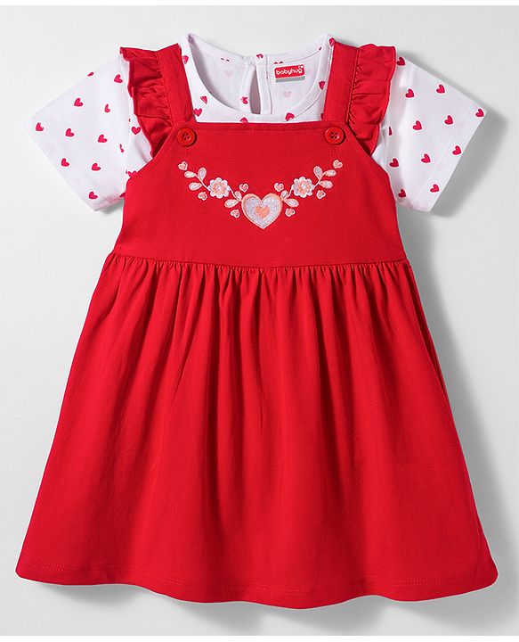Babyhug Single Jersey Knit Half Sleeves Floral Embroidered Frock with Heart Printed Inner Tee - Red  & White