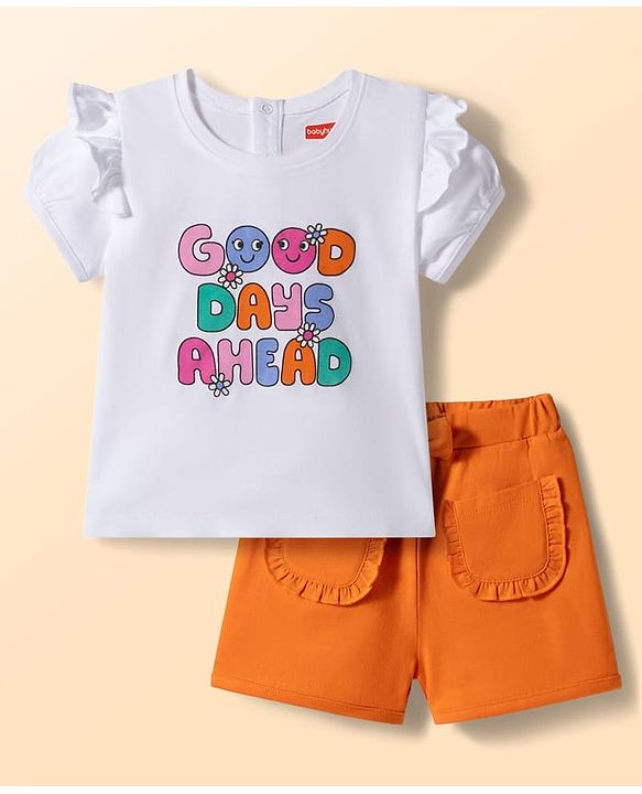 Babyhug Single Jersey Knit Half Puffed Sleeves Good Days Ahead Text Printed Top & Shorts Set - White & Orange