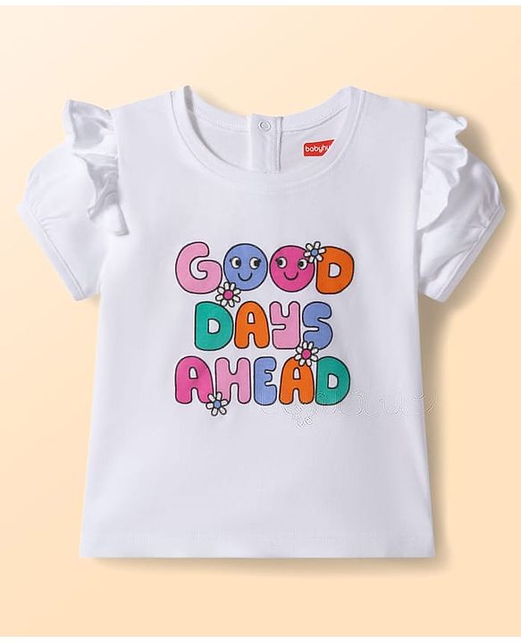 Babyhug Single Jersey Knit Half Puffed Sleeves Good Days Ahead Text Printed Top & Shorts Set - White & Orange