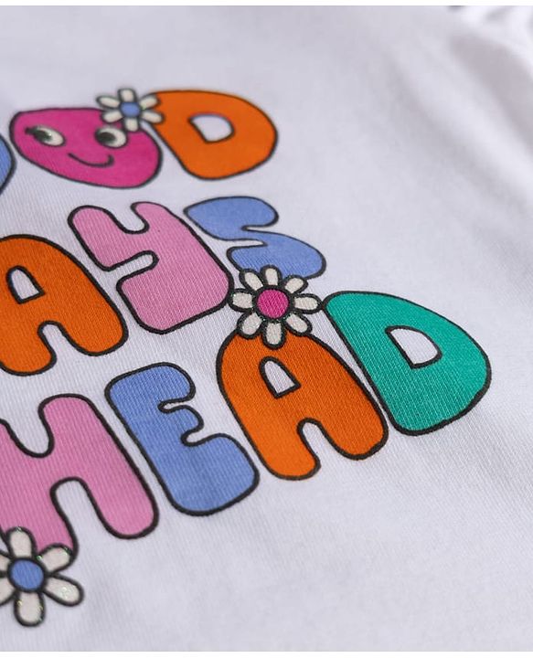 Babyhug Single Jersey Knit Half Puffed Sleeves Good Days Ahead Text Printed Top & Shorts Set - White & Orange