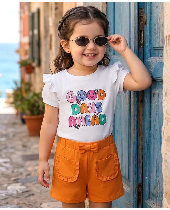 Babyhug Single Jersey Knit Half Puffed Sleeves Good Days Ahead Text Printed Top & Shorts Set - White & Orange
