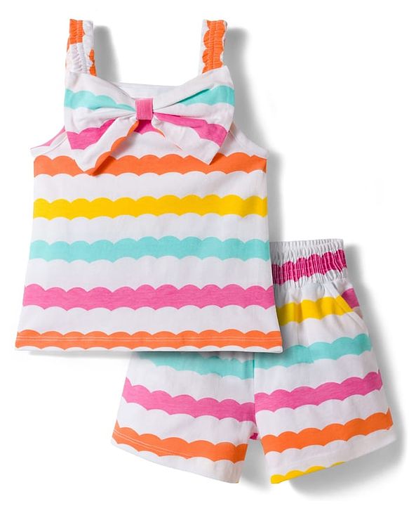 Babyhug Cotton Knit Sleeveless Co-Ords Printed Top & Shorts Set With Bow Applique - Multicolour