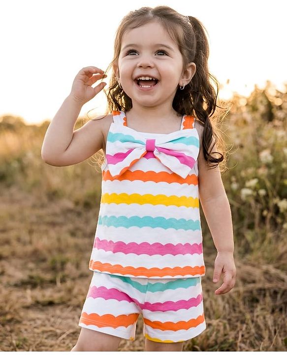 Babyhug Cotton Knit Sleeveless Co-Ords Printed Top & Shorts Set With Bow Applique - Multicolour