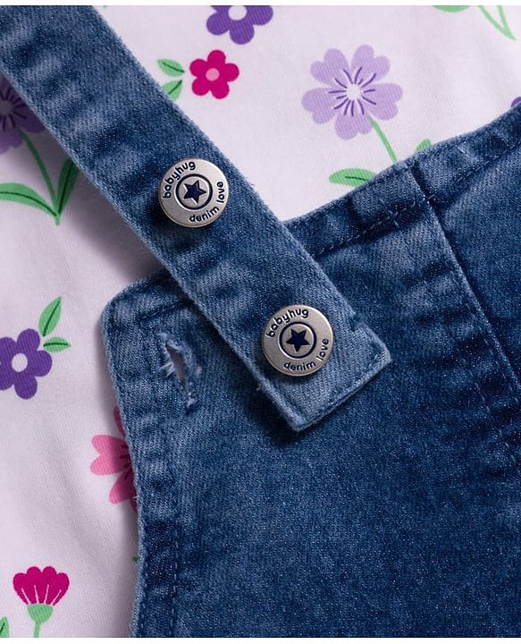 Babyhug Woven Denim Frock & Half Sleeves Inner Tee With Floral Print & Embroidery - Blue