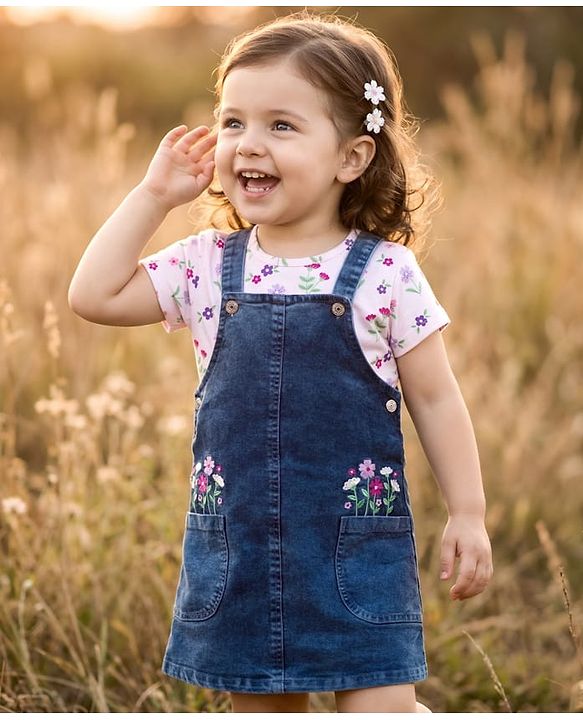 Babyhug Woven Denim Frock & Half Sleeves Inner Tee With Floral Print & Embroidery - Blue