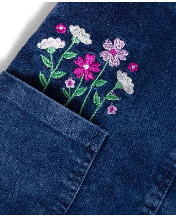 Babyhug Woven Denim Frock & Half Sleeves Inner Tee With Floral Print & Embroidery - Blue