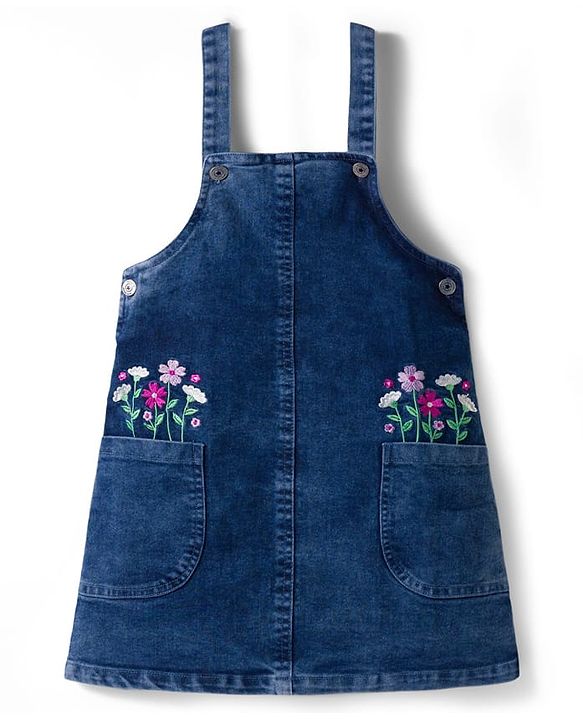 Babyhug Woven Denim Frock & Half Sleeves Inner Tee With Floral Print & Embroidery - Blue